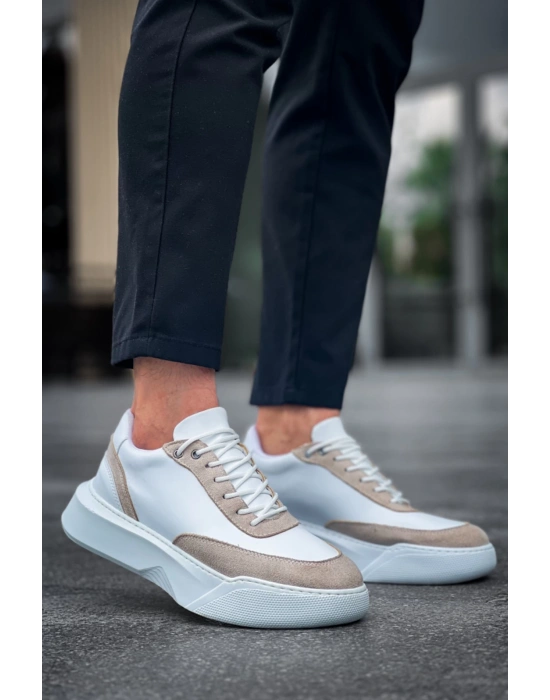 Ba0354 Günlük Bağcıklı Erkek Krem Parçalı Beyaz Yüksek Taban Erkek Spor Ayakkabı