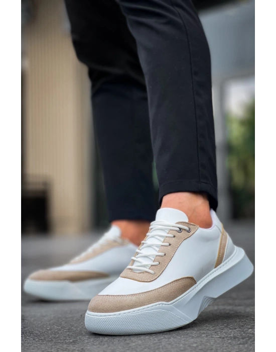 Ba0354 Günlük Bağcıklı Erkek Krem Parçalı Beyaz Yüksek Taban Erkek Spor Ayakkabı