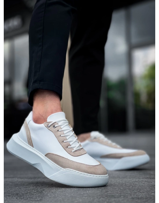 Ba0354 Günlük Bağcıklı Erkek Krem Parçalı Beyaz Yüksek Taban Erkek Spor Ayakkabı