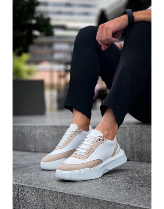 Ba0354 Günlük Bağcıklı Erkek Krem Parçalı Beyaz Yüksek Taban Erkek Spor Ayakkabı