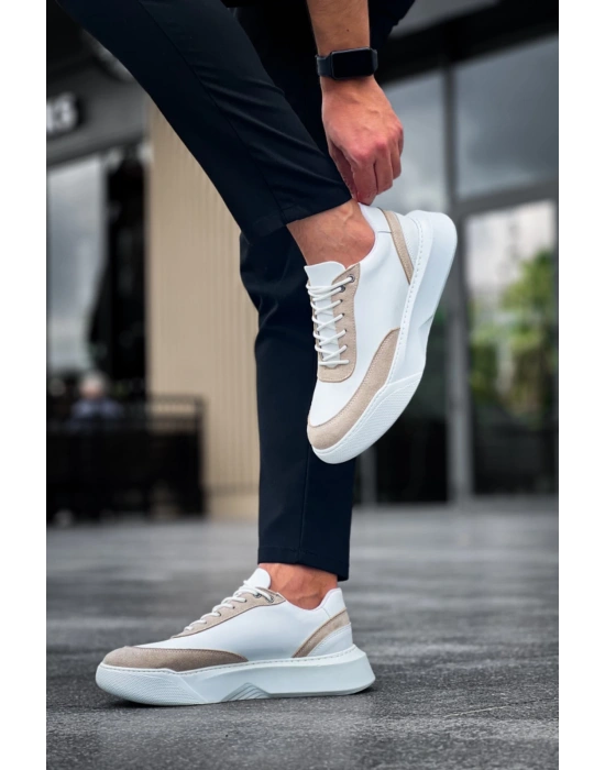 Ba0354 Günlük Bağcıklı Erkek Krem Parçalı Beyaz Yüksek Taban Erkek Spor Ayakkabı
