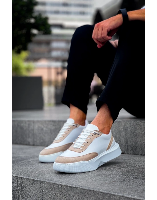 Ba0354 Günlük Bağcıklı Erkek Krem Parçalı Beyaz Yüksek Taban Erkek Spor Ayakkabı