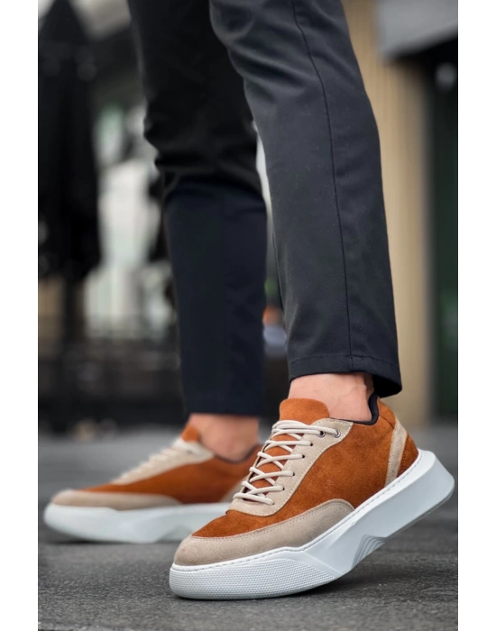 Ba0354 Günlük Bağcıklı Erkek Yüksek Taban Krem Detaylı Taba Süet Erkek Spor Ayakkabı