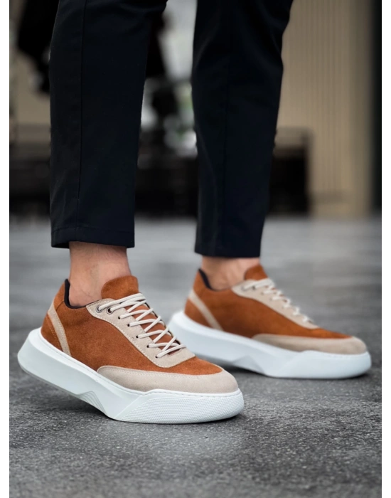 Ba0354 Günlük Bağcıklı Erkek Yüksek Taban Krem Detaylı Taba Süet Erkek Spor Ayakkabı