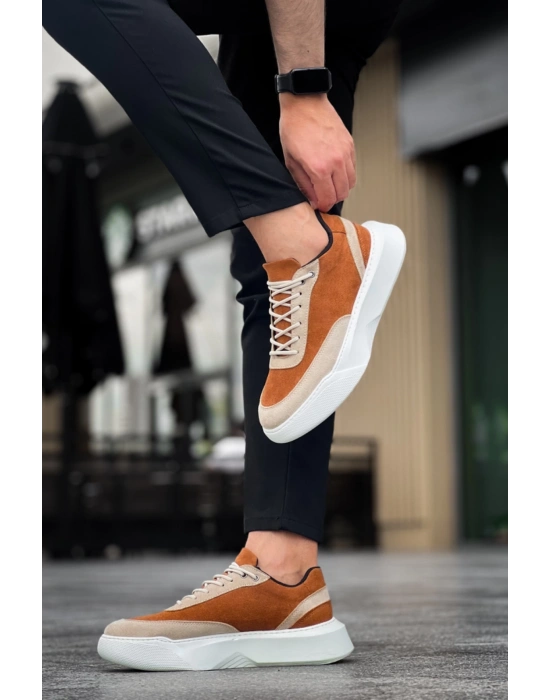 Ba0354 Günlük Bağcıklı Erkek Yüksek Taban Krem Detaylı Taba Süet Erkek Spor Ayakkabı
