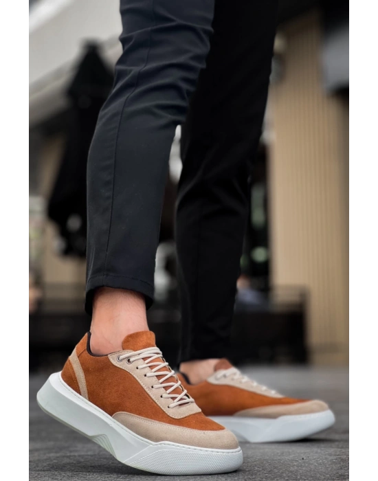 Ba0354 Günlük Bağcıklı Erkek Yüksek Taban Krem Detaylı Taba Süet Erkek Spor Ayakkabı