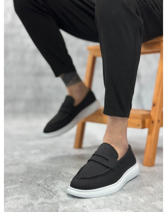 BA0355 Bağcıksız Keten Siyah Klasik Corcik Erkek Ayakkabı