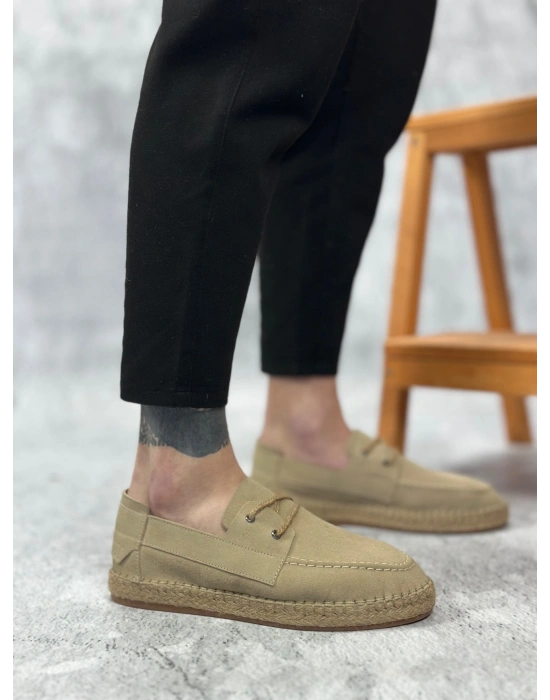 BA0358 BOA Doğal Deri Tozu Bağcıklı Kauçuk El Yapımı Espadril Taban Bej Renk Erkek Ayakkabı