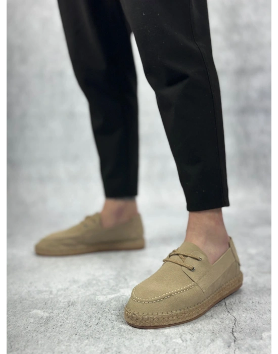 BA0358 BOA Doğal Deri Tozu Bağcıklı Kauçuk El Yapımı Espadril Taban Bej Renk Erkek Ayakkabı