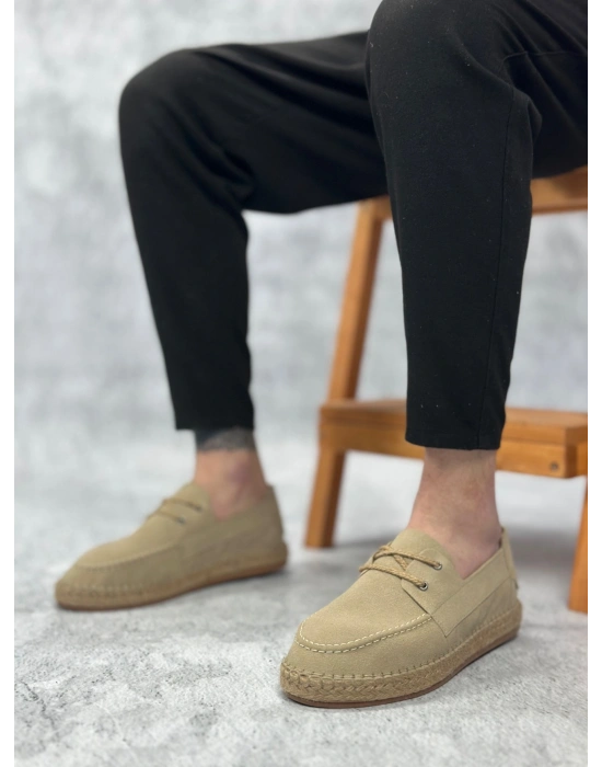 BA0358 BOA Doğal Deri Tozu Bağcıklı Kauçuk El Yapımı Espadril Taban Bej Renk Erkek Ayakkabı