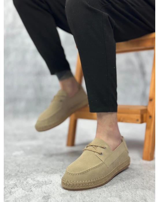 BA0358 BOA Doğal Deri Tozu Bağcıklı Kauçuk El Yapımı Espadril Taban Bej Renk Erkek Ayakkabı