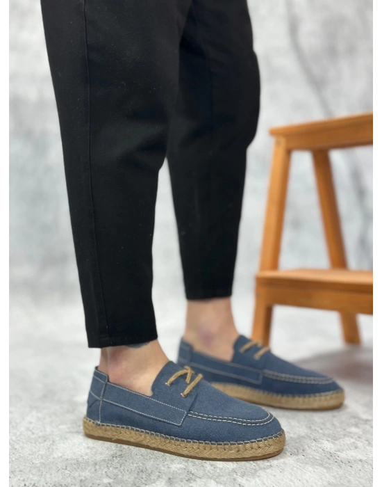 Ba0358 Boa Doğal Deri Tozu Bağcıklı Kauçuk El Yapımı Espadril Taban Mavi Renk Erkek Ayakkabı Erkek Günlük Ayakkabı
