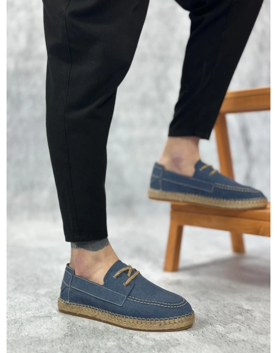 Ba0358 Boa Doğal Deri Tozu Bağcıklı Kauçuk El Yapımı Espadril Taban Mavi Renk Erkek Ayakkabı Erkek Günlük Ayakkabı