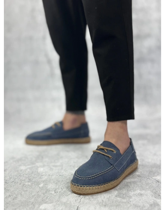 Ba0358 Boa Doğal Deri Tozu Bağcıklı Kauçuk El Yapımı Espadril Taban Mavi Renk Erkek Ayakkabı Erkek Günlük Ayakkabı