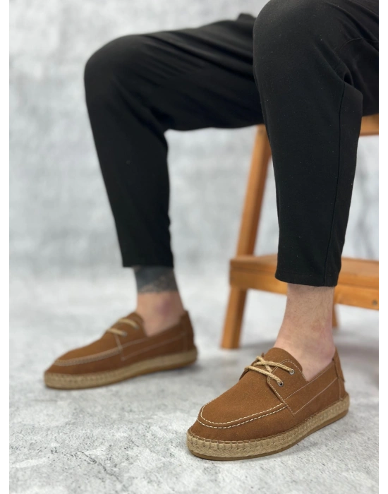 BA0358 BOA Doğal Deri Tozu Bağcıklı Kauçuk El Yapımı Espadril Taban Taba Renk Erkek Ayakkabı