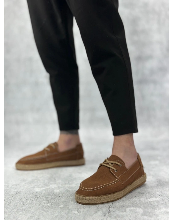 BA0358 BOA Doğal Deri Tozu Bağcıklı Kauçuk El Yapımı Espadril Taban Taba Renk Erkek Ayakkabı