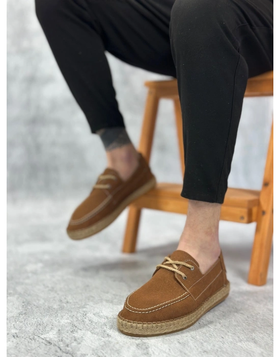 BA0358 BOA Doğal Deri Tozu Bağcıklı Kauçuk El Yapımı Espadril Taban Taba Renk Erkek Ayakkabı