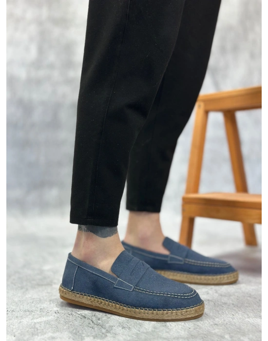 BA0359 BOA Doğal Deri Tozu Bağcıksız Kauçuk El Yapımı Espadril Taban Mavi Renk Erkek Ayakkabı