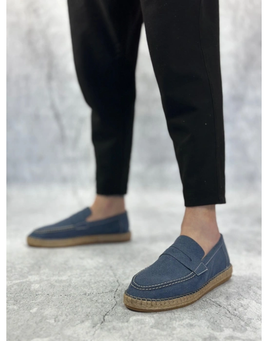 BA0359 BOA Doğal Deri Tozu Bağcıksız Kauçuk El Yapımı Espadril Taban Mavi Renk Erkek Ayakkabı
