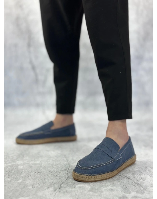 Ba0359 Boa Doğal Deri Tozu Bağcıksız Kauçuk El Yapımı Espadril Taban Mavi Renk Erkek Ayakkabı Erkek Günlük Ayakkabı