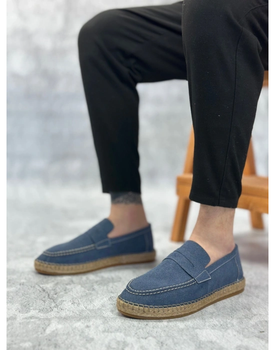 BA0359 BOA Doğal Deri Tozu Bağcıksız Kauçuk El Yapımı Espadril Taban Mavi Renk Erkek Ayakkabı