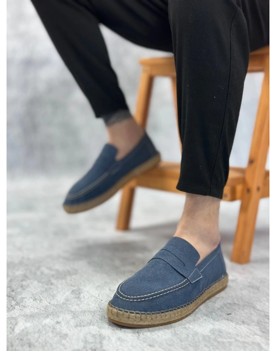 Ba0359 Boa Doğal Deri Tozu Bağcıksız Kauçuk El Yapımı Espadril Taban Mavi Renk Erkek Ayakkabı Erkek Günlük Ayakkabı