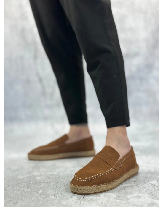 BA0359 BOA Doğal Deri Tozu Bağcıksız Kauçuk El Yapımı Espadril Taban Taba Renk Erkek Ayakkabı