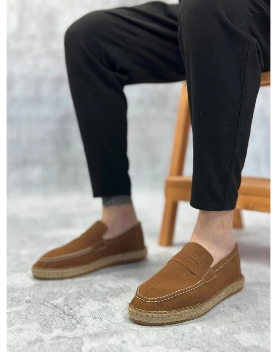 BA0359 BOA Doğal Deri Tozu Bağcıksız Kauçuk El Yapımı Espadril Taban Taba Renk Erkek Ayakkabı