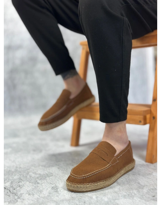 BA0359 BOA Doğal Deri Tozu Bağcıksız Kauçuk El Yapımı Espadril Taban Taba Renk Erkek Ayakkabı