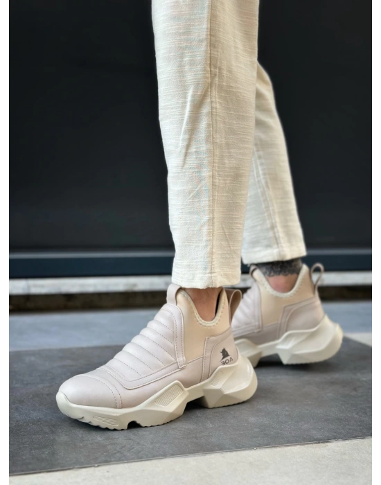 BA0401 Bağcıksız Rahat Yüksek Taban Krem Erkek Spor Yarım Bilek Bot