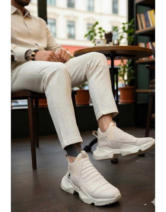 BA0401 Bağcıksız Rahat Yüksek Taban Krem Erkek Spor Yarım Bilek Bot