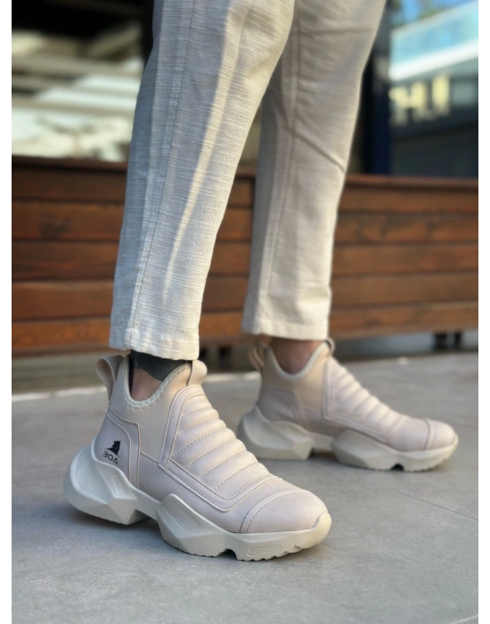 BA0401 Bağcıksız Rahat Yüksek Taban Krem Erkek Spor Yarım Bilek Bot
