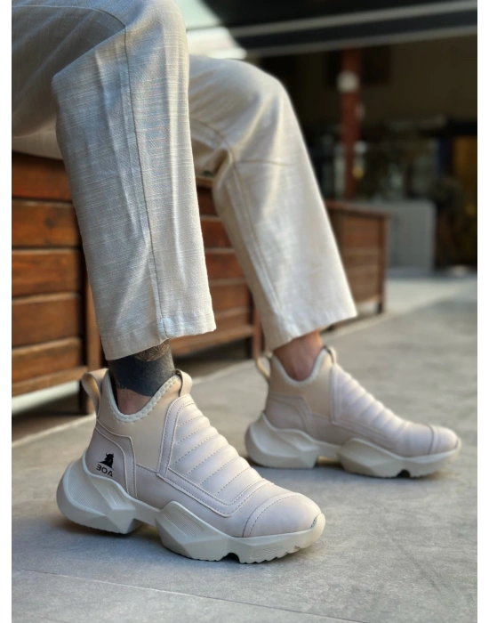 BA0401 Bağcıksız Rahat Yüksek Taban Krem Erkek Spor Yarım Bilek Bot