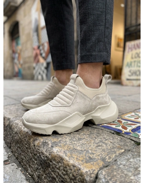 BA0402 Bağcıksız Rahat Yüksek Taban Krem Süet Erkek Spor Ayakkabı