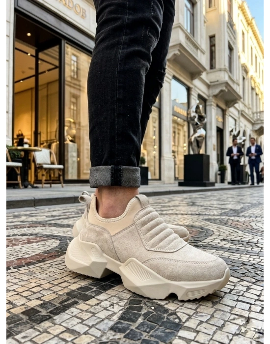 BA0402 Bağcıksız Rahat Yüksek Taban Krem Süet Erkek Spor Ayakkabı