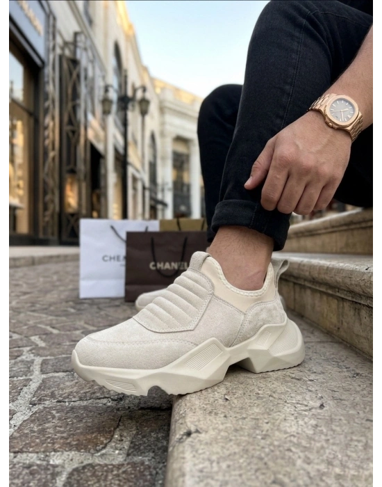 BA0402 Bağcıksız Rahat Yüksek Taban Krem Süet Erkek Spor Ayakkabı