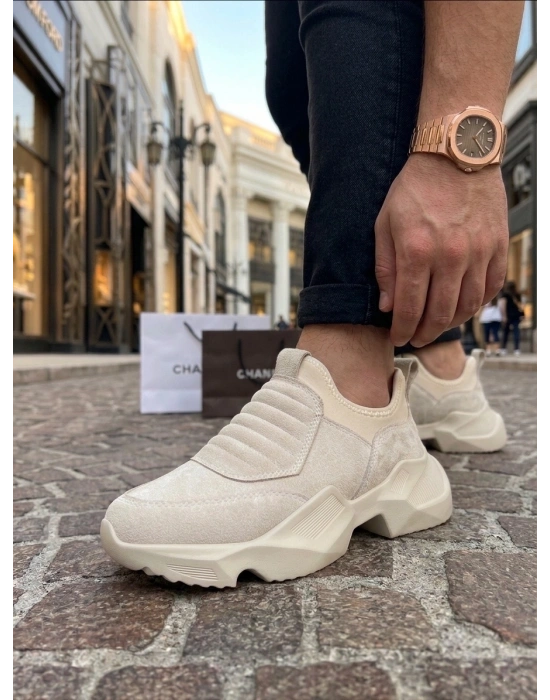 BA0402 Bağcıksız Rahat Yüksek Taban Krem Süet Erkek Spor Ayakkabı