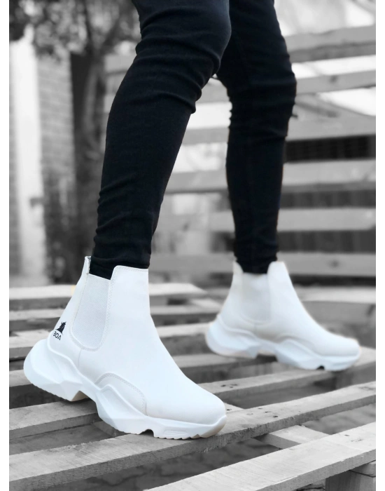BA0444 Bağcıksız Rahat Yüksek Taban Beyaz Erkek Spor Yarım Bilek Bot