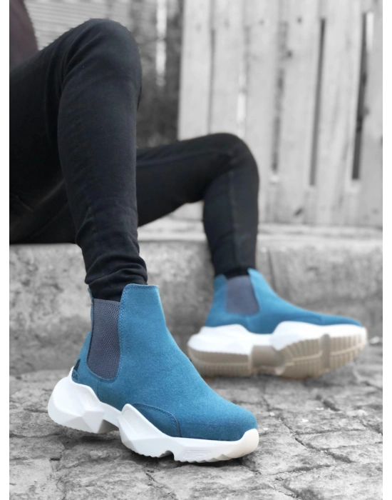 BA0444 Bağcıksız Rahat Yüksek Taban Mavi Erkek Spor Yarım Bilek Bot