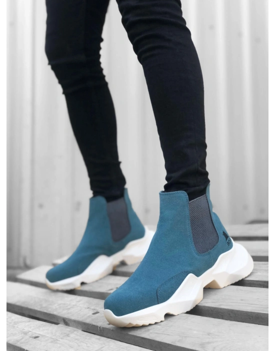 BA0444 Bağcıksız Rahat Yüksek Taban Mavi Erkek Spor Yarım Bilek Bot