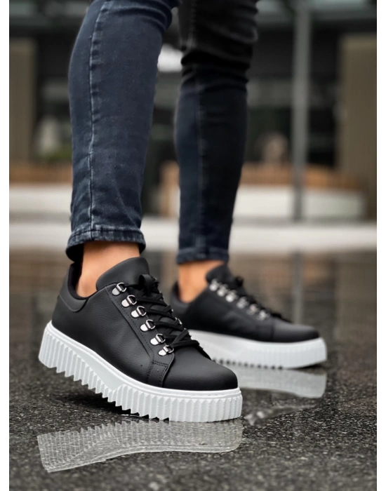 Ba0505 Çengel Bağcıklı Siyah Renk Beyaz Tabanlı Erkek Günlük Ayakkabı