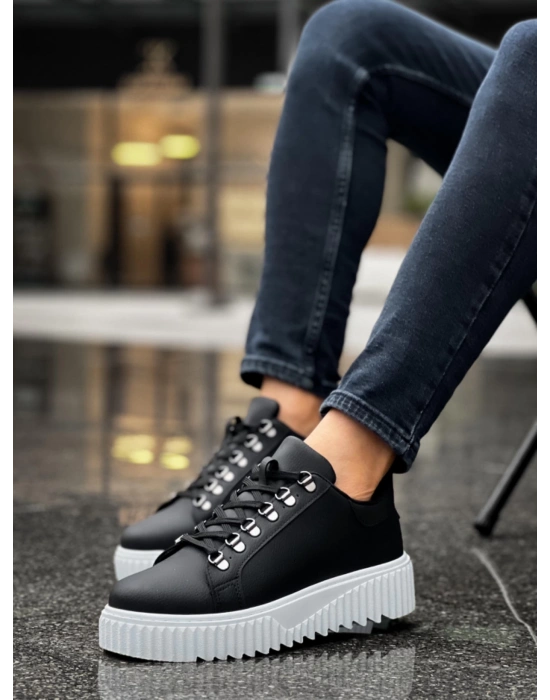 Ba0505 Çengel Bağcıklı Siyah Renk Beyaz Tabanlı Erkek Günlük Ayakkabı