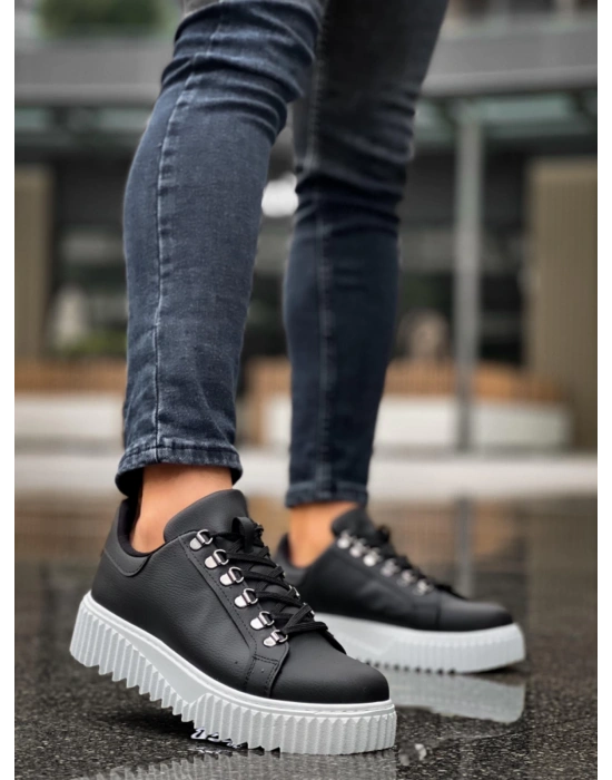 Ba0505 Çengel Bağcıklı Siyah Renk Beyaz Tabanlı Erkek Günlük Ayakkabı