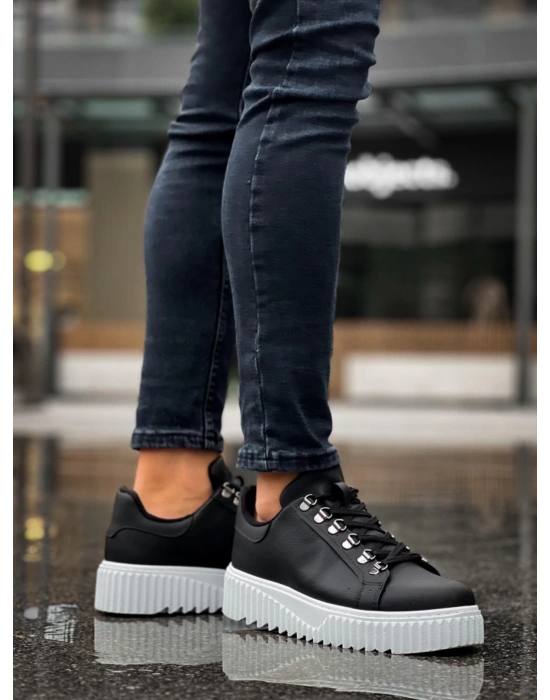 Ba0505 Çengel Bağcıklı Siyah Renk Beyaz Tabanlı Erkek Günlük Ayakkabı