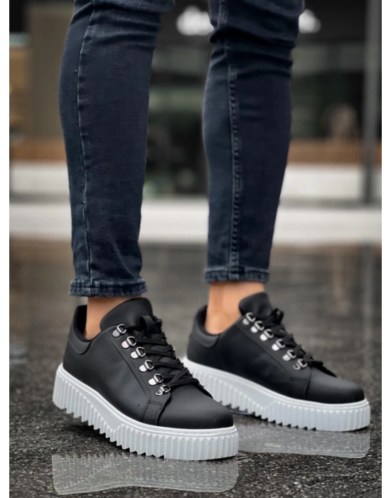 Ba0505 Çengel Bağcıklı Siyah Renk Beyaz Tabanlı Erkek Günlük Ayakkabı