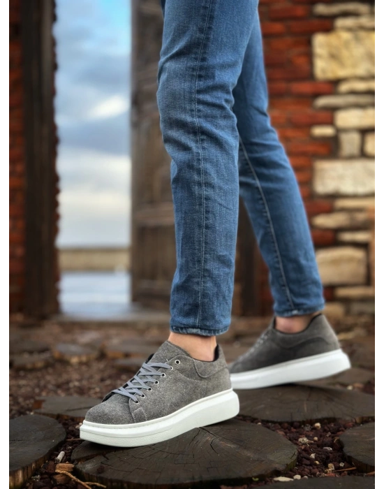 Ba0547 Boa Kalın Yüksek Taban Gri Süet Bağcıklı Spor Erkek Ayakkabı Erkek Günlük Ayakkabı