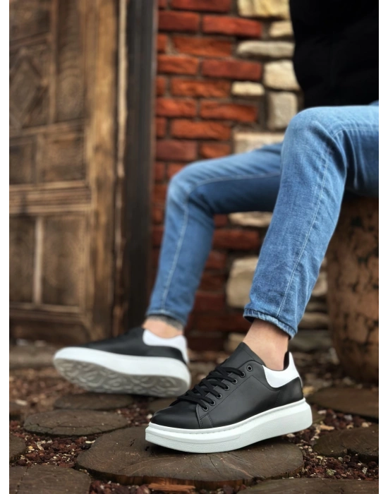 Ba0547 Boa Kalın Yüksek Taban Siyah Beyaz Parça Detay Bağcıklı Spor Erkek Ayakkabı Erkek Günlük Ayakkabı