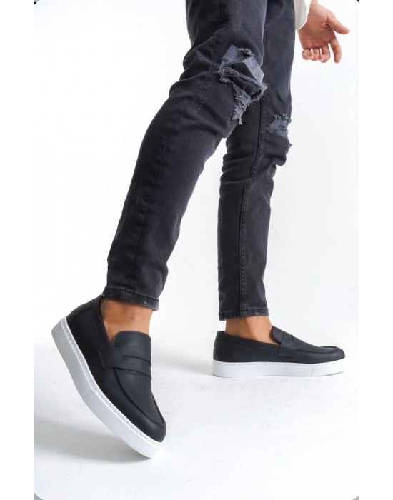 BA0580 Bağcıksız Kuşaklı Yüksek Siyah Beyaz Taban Erkek Ayakkabı