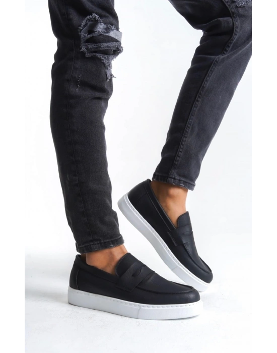 BA0580 Bağcıksız Kuşaklı Yüksek Siyah Beyaz Taban Erkek Ayakkabı