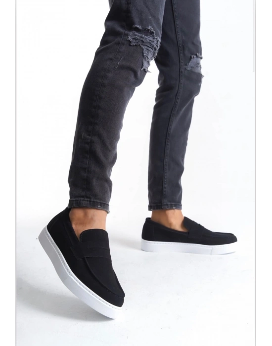 BA0580 Bağcıksız Kuşaklı Yüksek Süet Siyah Beyaz Taban Erkek Ayakkabı